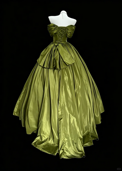 Classy Off The Shoulder Satin Long Evening Dress Olive Green Birthday Party Dress D5287