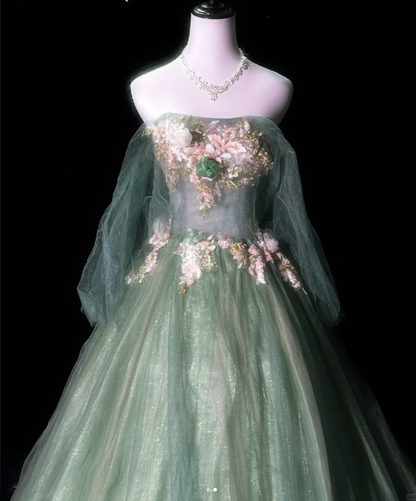 Charming Green Tulle Lace Appliques Long Prom Dress Evening Gown D935