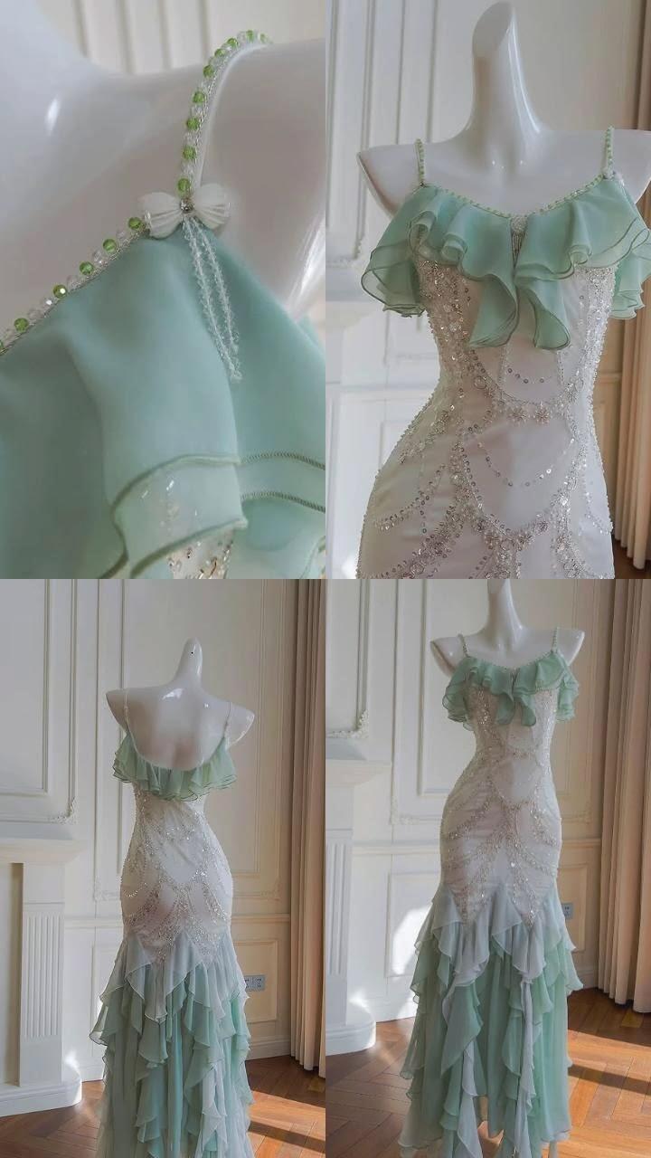 Gorgeous Spaghetti Straps Sequin Beaded Chiffon Ruffles Mermaid Long Prom Dress Party Gown D2943