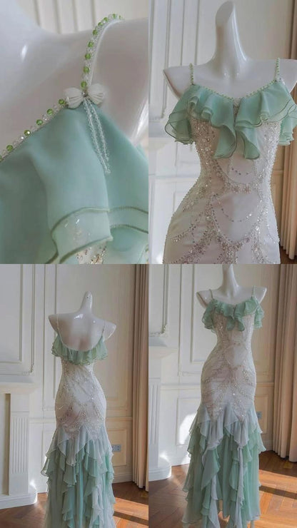 Gorgeous Spaghetti Straps Sequin Beaded Chiffon Ruffles Mermaid Long Prom Dress Party Gown D2943