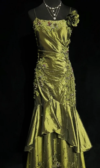 Vintage Spaghetti Strap Olive Green Satin Beaded Mermaid Long Prom Dresses Formal Prom Gown D880