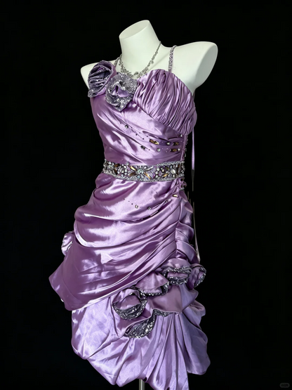 Pretty Spaghetti Straps Satin Beaded Short Party Dress Purple Short Homecoming Dress D5217