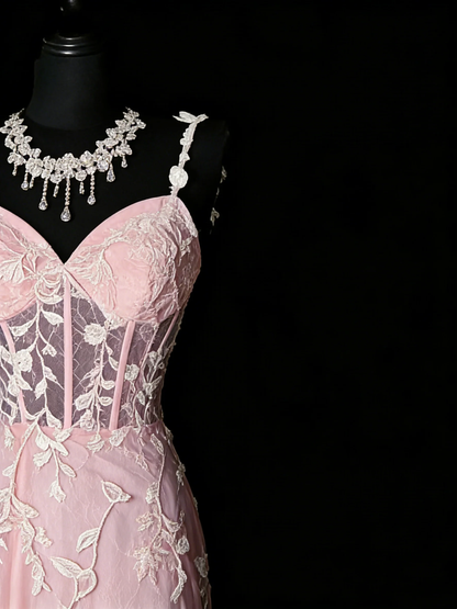Pretty Spaghetti Straps Tulle Lace Applique Long Prom Dress Pink Mermaid Evening Dress D4885