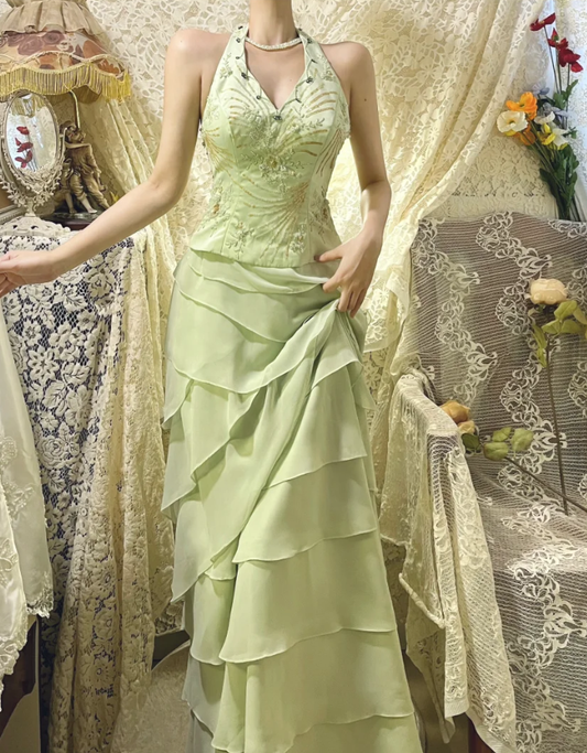 Gorgeous Halter V Neck Green Satin Beaded Chiffon Layered Mermaid Long Evening Dress Prom Gown D2141