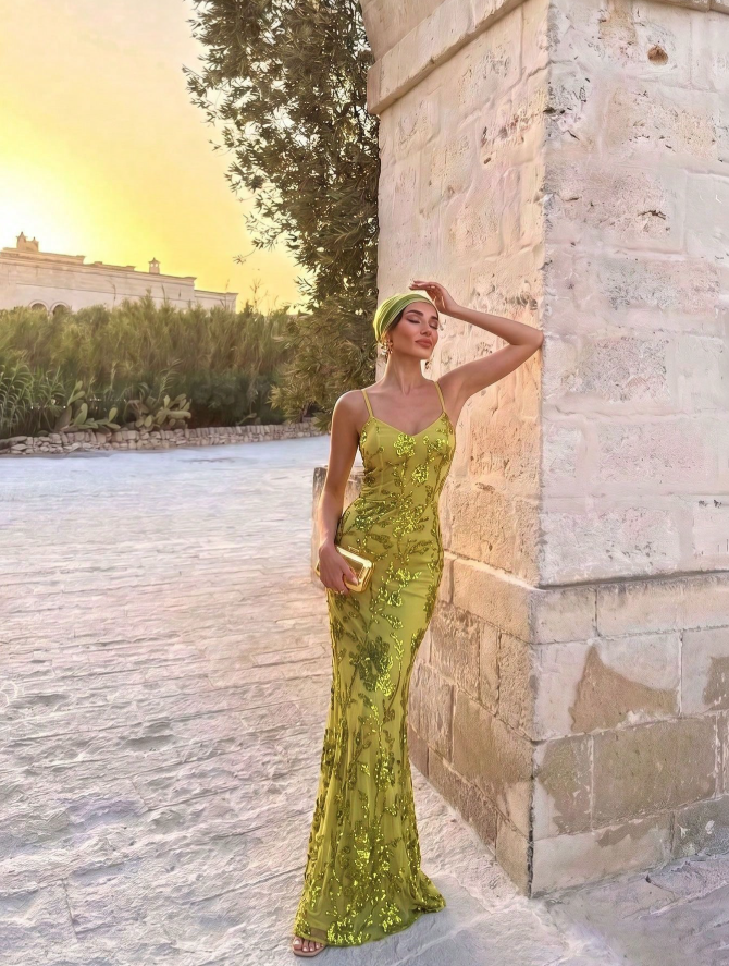Elegant Spaghetti Straps Green Tulle Sequin Floral Mermaid Long Evening Dress Birthday Party Dress D4724