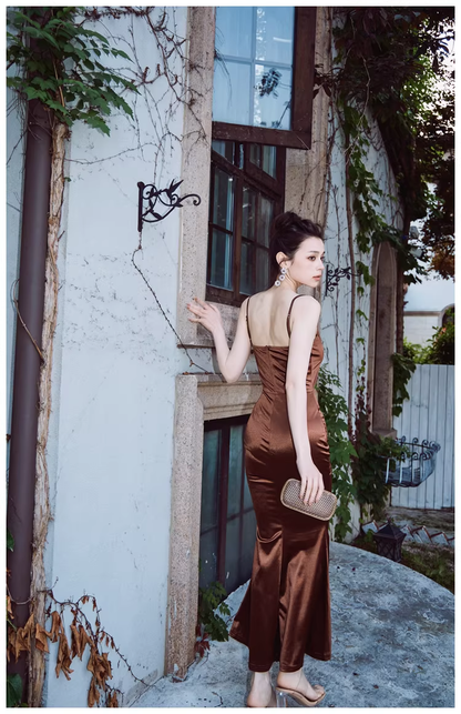 Stylish Spaghetti Straps Brown Satin Mermaid Long Evening Dress Formal Wedding Guest Dress D2449