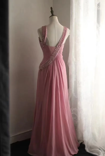 Fairy Pink Chiffon Sequin Beaded Mermaid Long Party Dress Birthday Evening Gown D2206