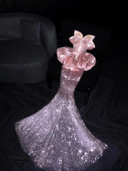 Glitter Strapless Pink Sequin Mermaid Long Evening Dress Prom Dresses D4546