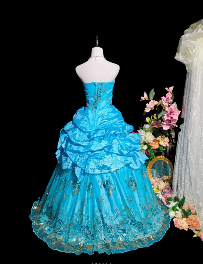 Gorgeous Strapless Quinceanera Dress Blue Satin Tulle Sequin Floral Ball Gown Sweet 16 Dress D2360
