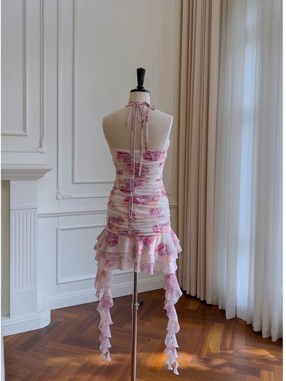 Pretty Sheath Halter Floral Chiffon Short Homecoming Dress Birthday Outfits S662