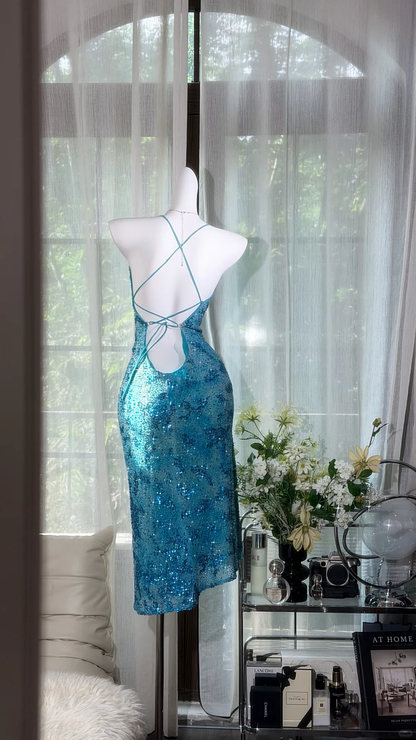 Sparkly Tiffany Blue Sequin Sheath Knee Length Prom Dress Birthday Dress D2937