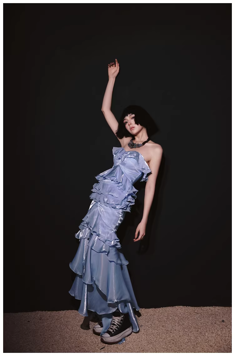 Glamorous Strapless Blue Satin Ruffles Layered mermaid Slit Evening Dress Long Party Dress D2431