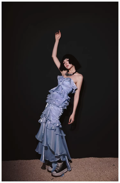 Glamorous Strapless Blue Satin Ruffles Layered mermaid Slit Evening Dress Long Party Dress D2431