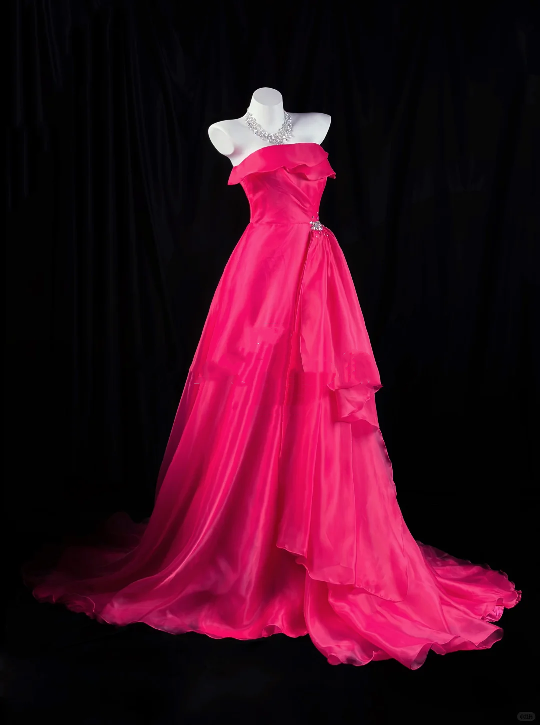 Sexy Strapless Ball Gown Hot Pink Organza Beaded Long Evening Dress Prom Gown D2515