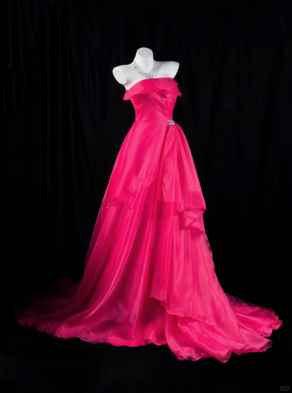 Sexy Strapless Ball Gown Hot Pink Organza Beaded Long Evening Dress Prom Gown D2515