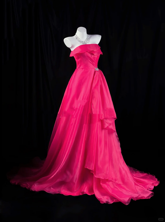 Sexy Strapless Ball Gown Hot Pink Organza Beaded Long Evening Dress Prom Gown D2515