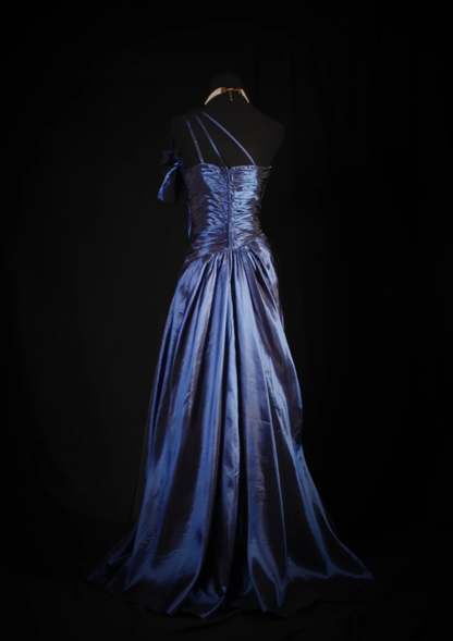 Elegant One Shoulder Satin Pleated Beaded Mermaid Evening Dress Navy Blue Long Party Dress D2225