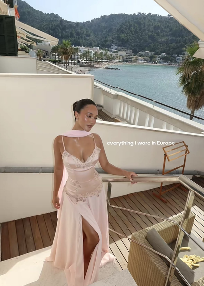 Charming V Neck Pink Chiffon Appliques A Line Slit Long Party Dress Evening Dress With Scarf D4967