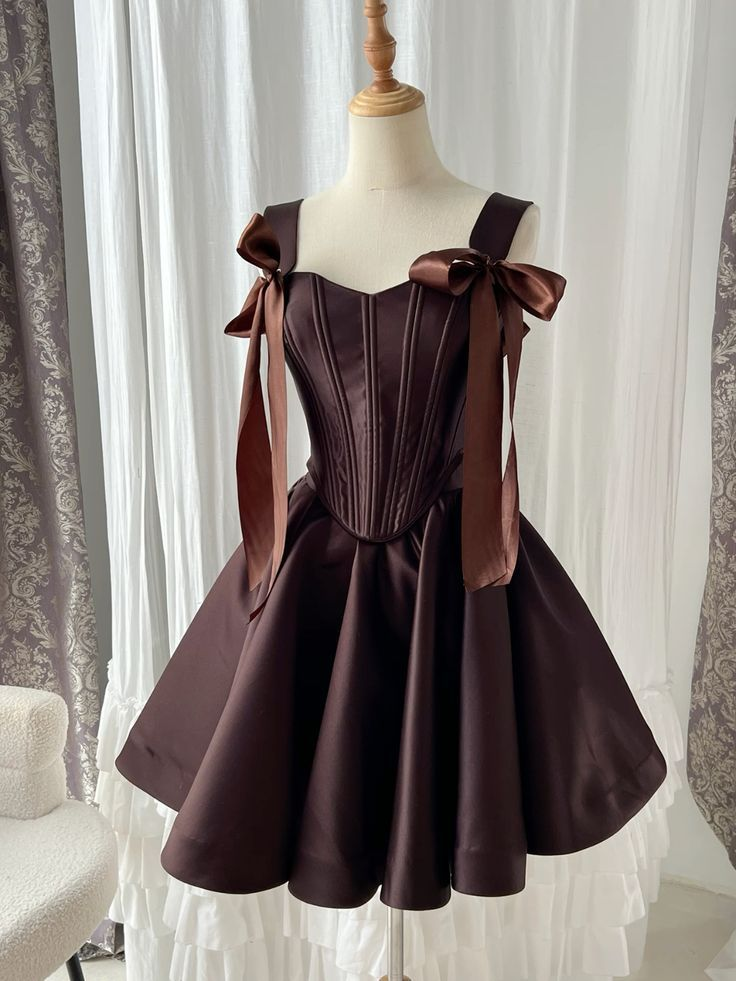 Vintage Straps Brown Satin A Line Short Party Dress Formal Graduation Homecoming Dress D441