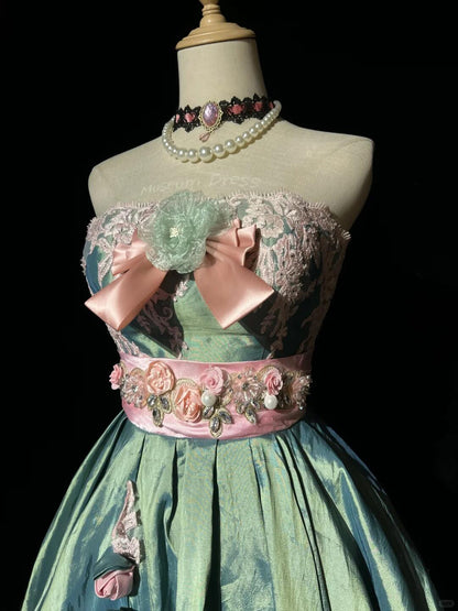 Pretty Green Strapless Satin Appliques A Line Short Homecoming Dress Cocktail Dress With 3D Flowers D3387