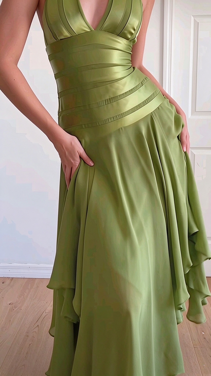 Pretty Olive Green Satin Chiffon Long Party Dress Halter V Neck  Prom Dress D5093