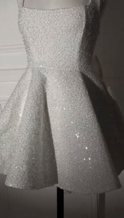 Sparkly Spaghetti Straps Sequin A Line Short Prom Dress,White A Line Short 7th Grade Homecoming Dress D3681