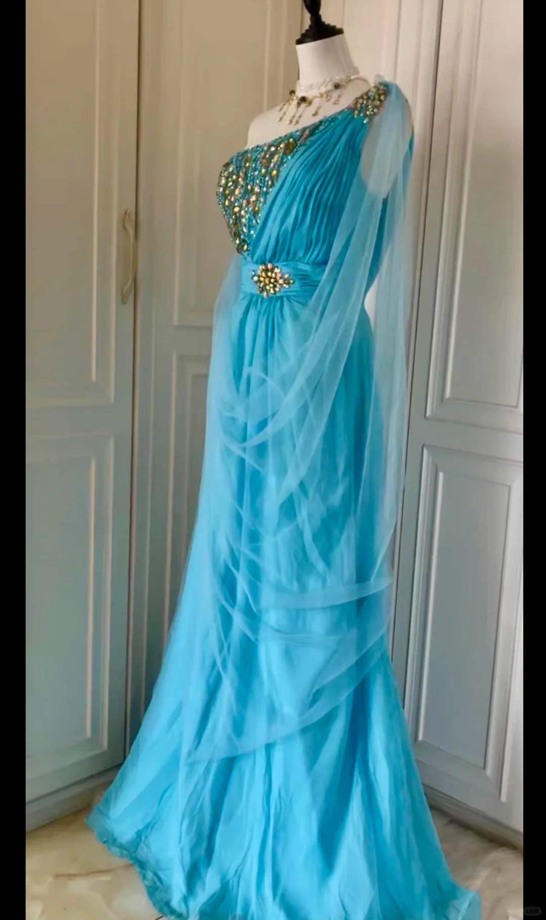 Stylish One Shoulder Blue Satin Tulle Beaded Mermaid Long Prom Dress Evening Dress D3093
