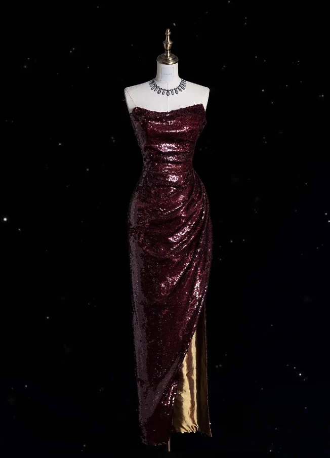 Sparkly Strapless Sheath Sequin Slit Long Wedding Guest Dress Burgundy Long Party Dress Evening Gown D4898