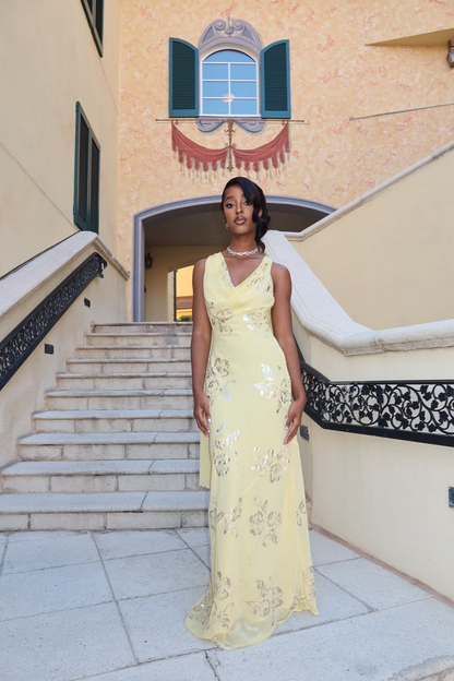 Pretty Yellow Chiffon Long Evening Dress Backless Birthday Party Dress D4962