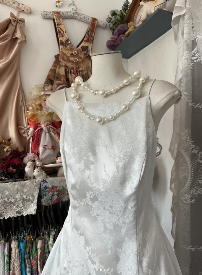 Pretty Spaghetti Straps White Satin Print Floral Mermaid Evening Dress Long Birthday Party Dress D1673