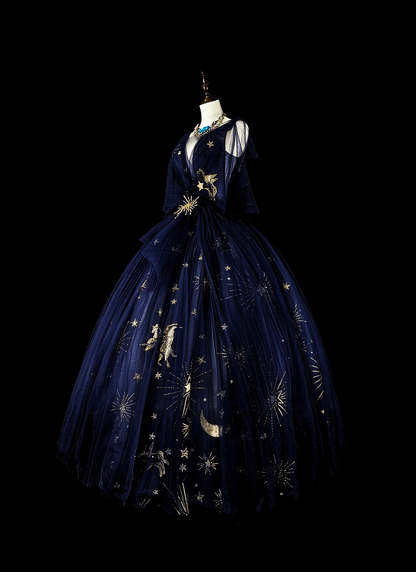 Elegant Navy Blue Tulle Star Moon Sequin Long Evening Dress Party Dress D5380