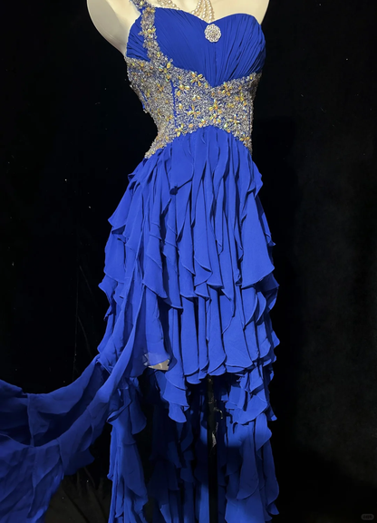 Charming One Shoulder Royal Blue Chiffon Ruffle Beaded Long Prom Dress Evening Gown D3125