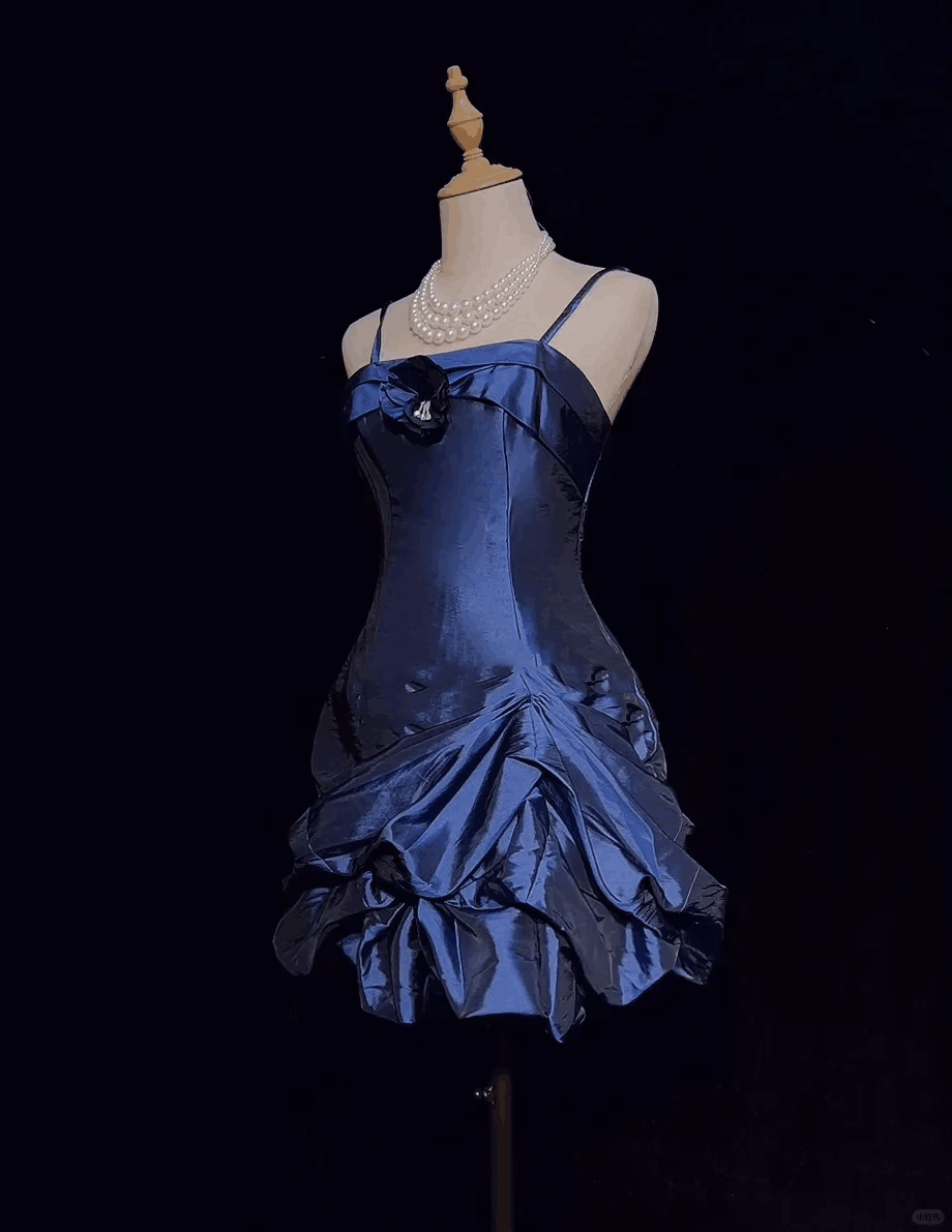 Fashion Spaghetti Straps Navy Blue Satin Pleated Short Homecoming Dress,Mini Prom Gown D3380