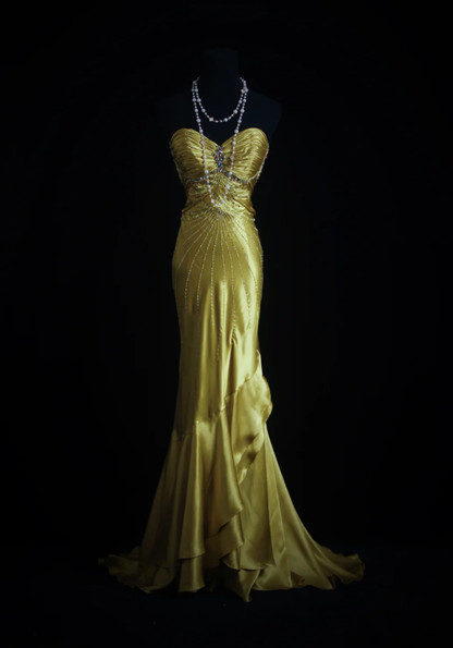 Stylish Strapless Gold Satin Pleated Beaded Mermaid Long Birthday Party Dress Evening Dress D1684