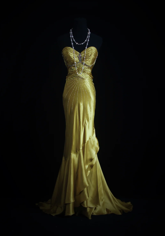 Stylish Strapless Gold Satin Pleated Beaded Mermaid Long Birthday Party Dress Evening Dress D1684