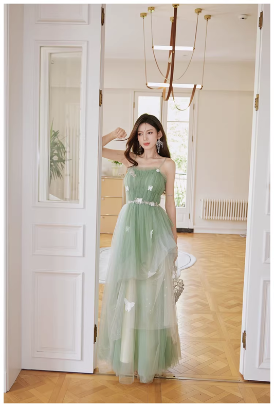 Fairy Green Tulle Sequin Butterfly Applique A Line Birthday Party Dress Evening Dress D2450