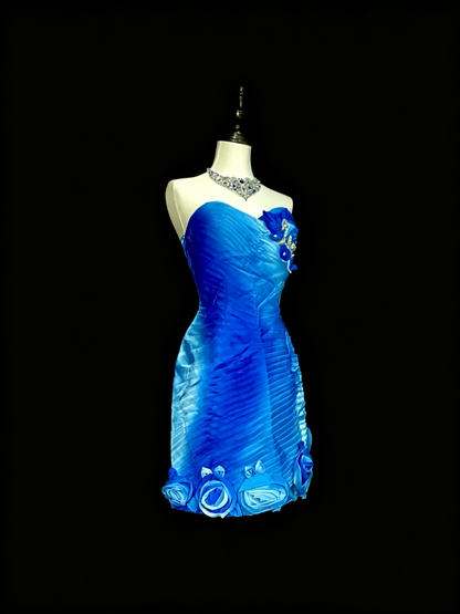 Sexy Sweetheart Neck Ombre Blue Satin Ruched Sheath Short Homecoming Dress Cocktail Dress With 3D Floral D4076
