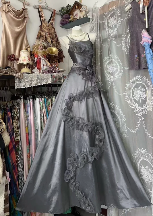 Vintage Spaghetti Straps Gray Satin A Line Long Party Dress Evening Gown D1125
