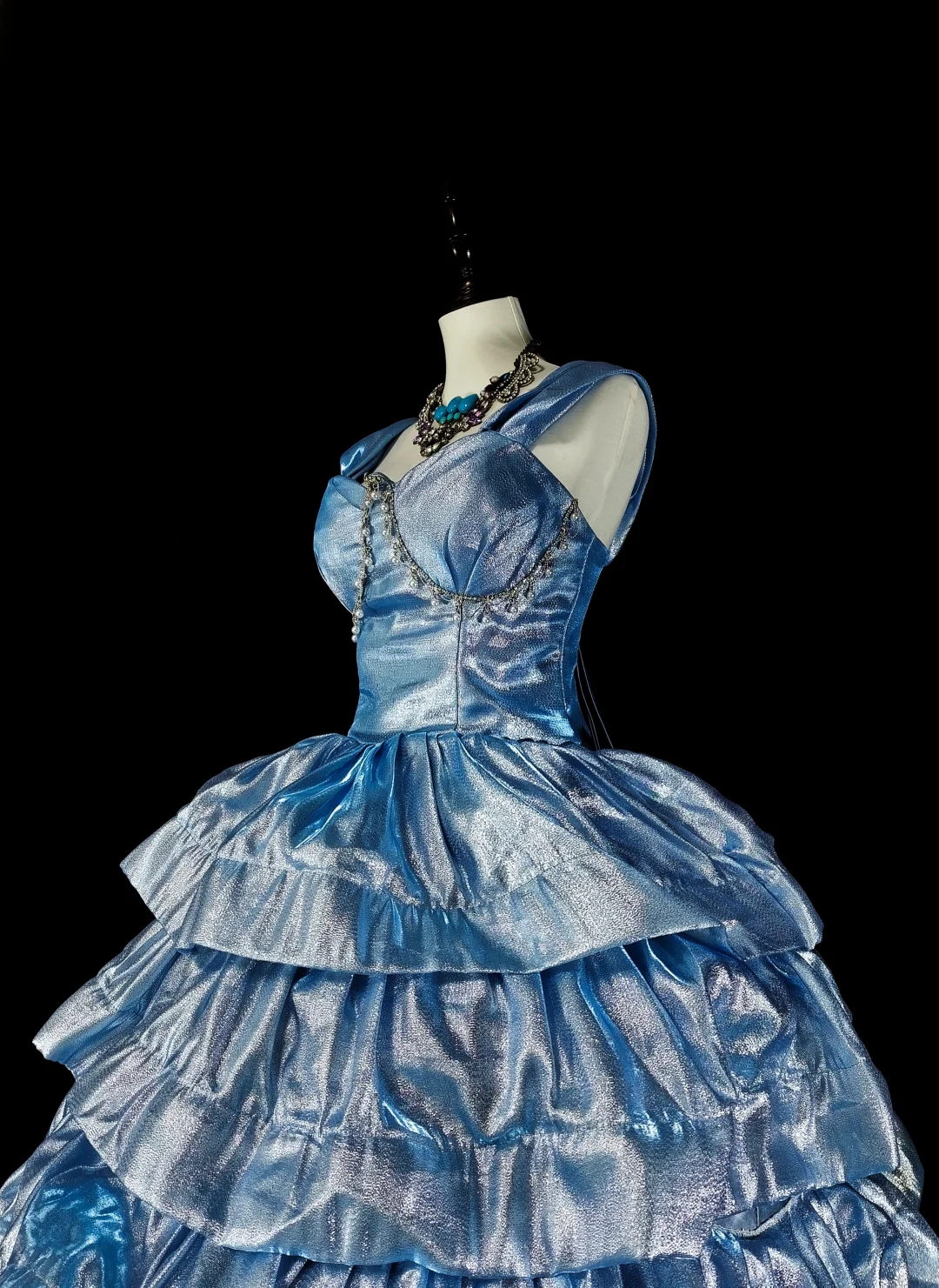Elegant Blue Beaded Satin Layered Long Evening Dress Party Dress D5379