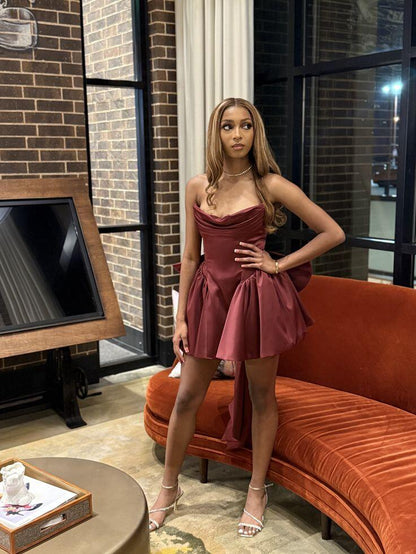 Sexy Burgundy strapless Satin A Line Short 6th Grade Homecoming Dress,Mini Party Dress With Bow D3680