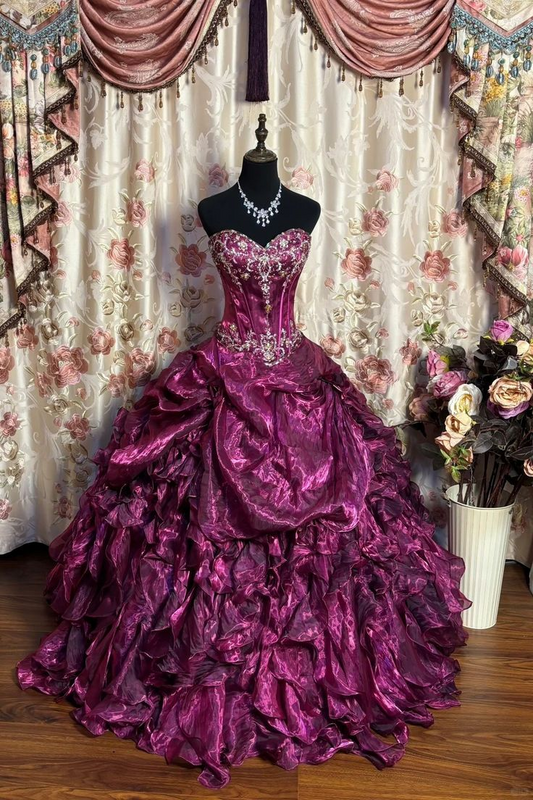 Gorgeous Strapless Purple Beaded Organza Pleated Ball Gown Sweet 16 Dress D1408