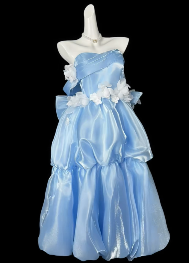Classy Off The Shoulder Tulle Appliques Long Party Dress,Blue Long Evening Gown D4203