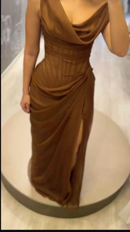 Fashion Satin Pleated Brown High Slit Long Wedding Guest Dress Formal Birthday Evening Dress D2996
