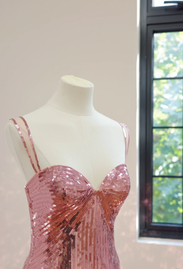 Sparkly Spaghetti Straps Pink Sequin Long Birthday Party Dress Evening Gown D2145