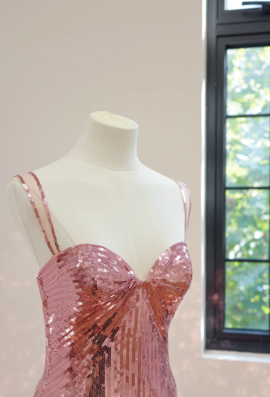 Sparkly Spaghetti Straps Pink Sequin Long Birthday Party Dress Evening Gown D2145