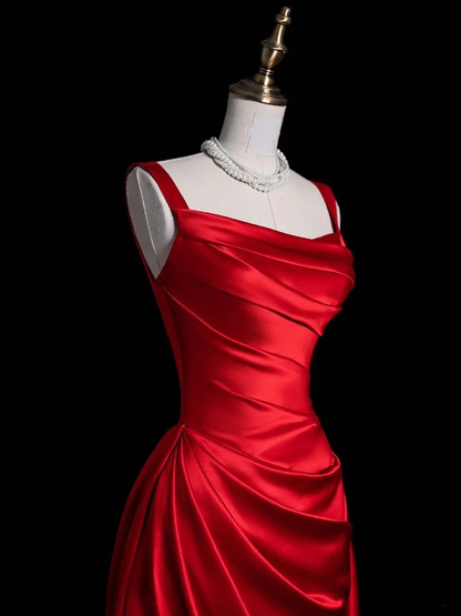 Fashion Spaghetti Straps Satin Pleated Long Wedding Guest Dress Red Mermaid Square Neck Long Evening Dress D4853