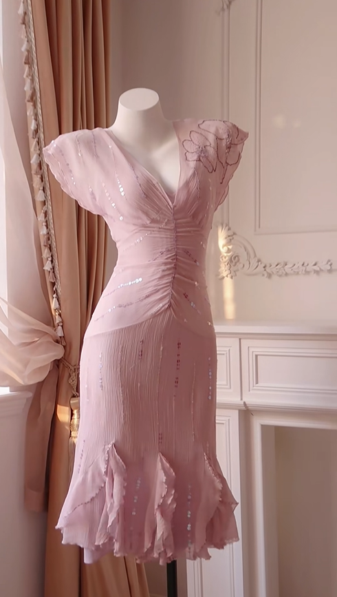 Sexy V Neck Sleeveless Pink Chiffon Sequin Midi Party Dress Prom Dress D2721