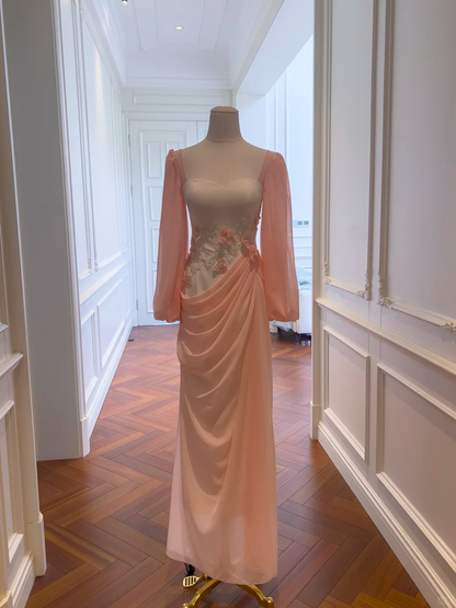 Elegant Pink Chiffon Pleated Beaded Long Evening Dress Birthday Dress D2982
