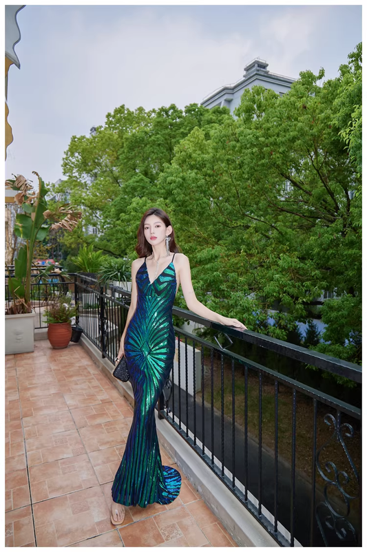 Vintage Green Spaghetti Straps Sequin Mermaid Long Evening Dress Birthday Dress D2447