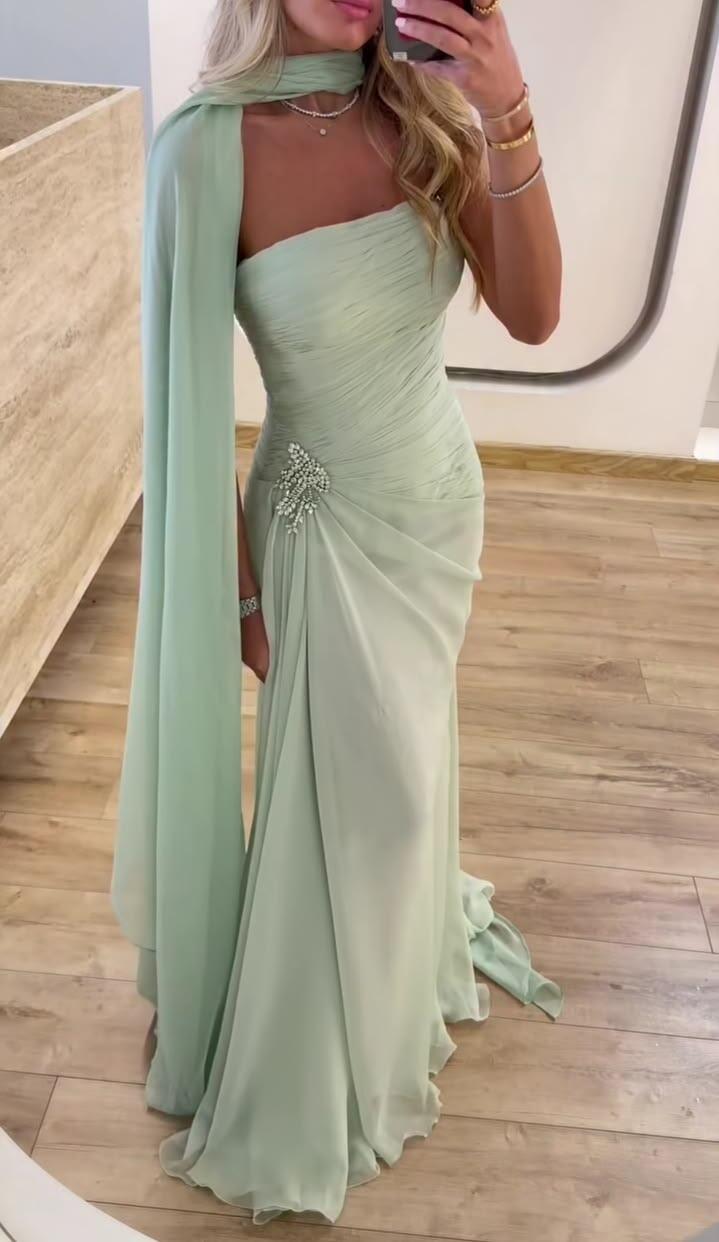 Pretty Light Green Strapless Chiffon Pleated Beaded Mermaid Evening Dress Long Prom Dress D3798